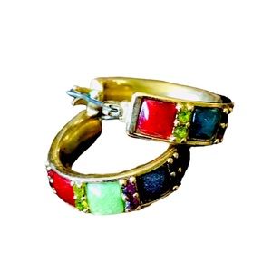 Vintage LIZ CLAIBORNE Multi-Colored Gripoix Pierced Hoop Earrings w/ Rhinestones